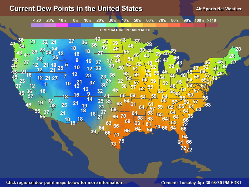United States Current Dew Point Map from Air Sports Net