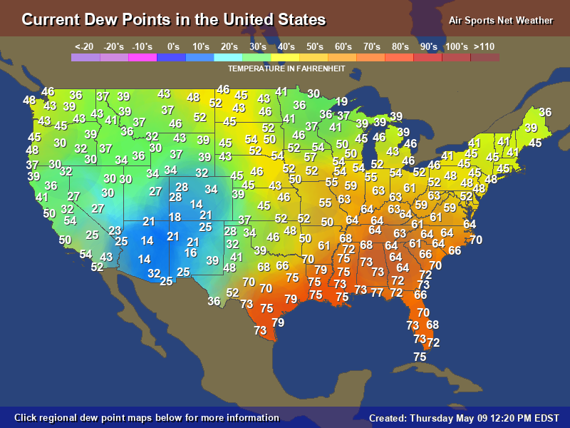 Dew Points Map for the United States