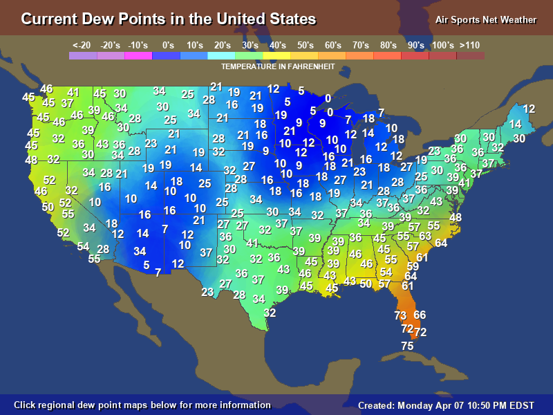 US current temperatures, dewpoint, RH values Dew-points