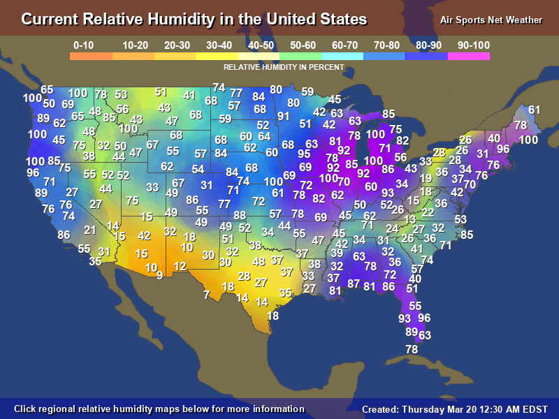 US current temperatures, dewpoint, RH values Relative-humidity